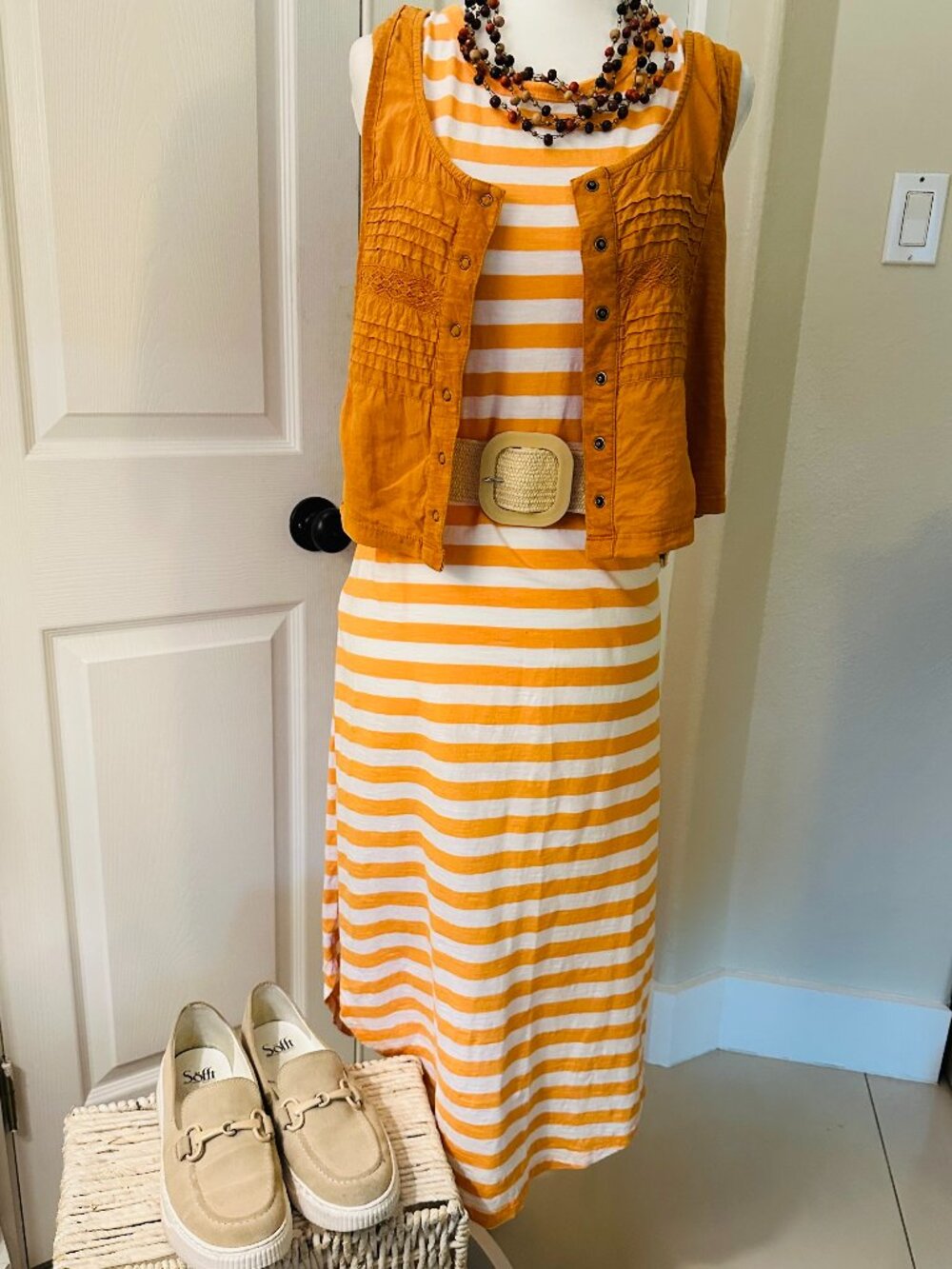 Time & Tru Orange Striped Maxi Dress Small & Cleo & Wolf Mustard Vest XS Set
